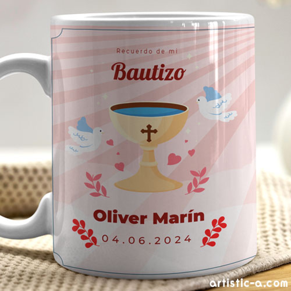 Taza personalizada para bautizo diseño rosa con cáliz y foto