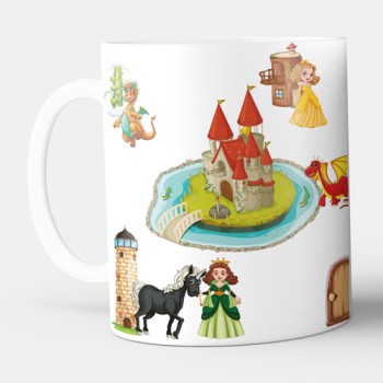 Taza infantil con nombre y princesas y dragones