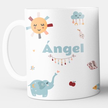 Taza infantil con nombre y animales azules