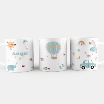Taza infantil con nombre y animales azules