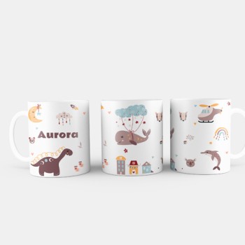 Taza infantil con nombre y animales marrones