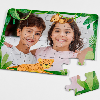Puzzle personalizado infantil con marco de selva y caja Puzzle personalizado infantil con marco de selva y caja