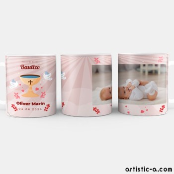 Taza Personalizada Bautizo rosa con caliz y foto