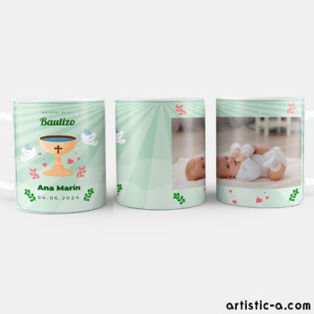 Taza Personalizada Bautizo verde con caliz y foto