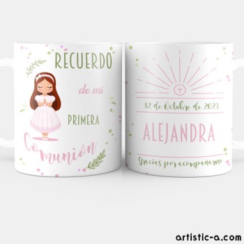 Taza Personalizada Comuni&oacute;n Ni&ntilde;a Casta&ntilde;a