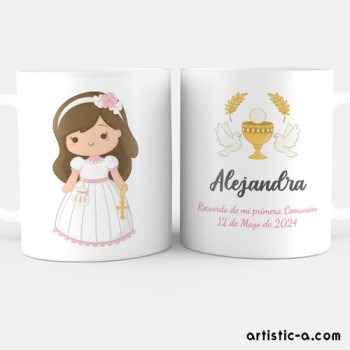 Taza Personalizada Comunión Niña, Cáliz y Palomas