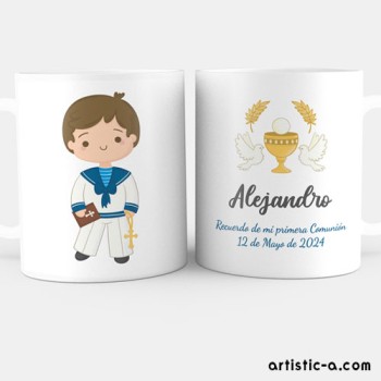 Taza Personalizada Comunión Niño, Cáliz y Palomas Taza Personalizada Comunión Niño, Cáliz y Palomas