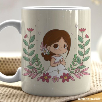 Taza Personalizada Comunión Niña, Diseño Floral y Cáliz Taza Personalizada Comunión Niña, Diseño Floral y Cáliz