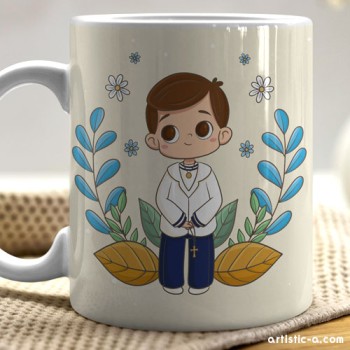 Taza Personalizada Comunión Niño, Diseño Floral y Cáliz Taza Personalizada Comunión Niño, Diseño Floral y Cáliz
