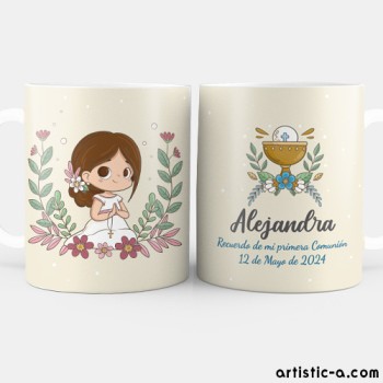 Taza Personalizada Comuni&oacute;n Ni&ntilde;a, Dise&ntilde;o Floral y C&aacute;liz
