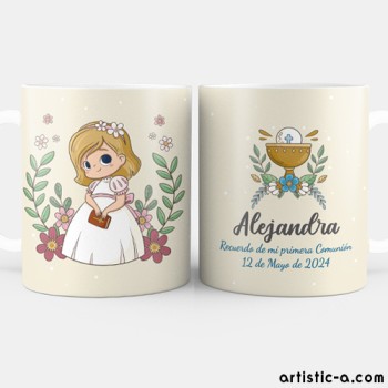 Taza Personalizada Comuni&oacute;n Ni&ntilde;a Rubia, Dise&ntilde;o Floral y C&aacute;liz