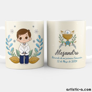 Taza Personalizada Comuni&oacute;n Ni&ntilde;o, Dise&ntilde;o Floral y C&aacute;liz