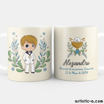 Taza Personalizada Comuni&oacute;n Ni&ntilde;o Rubio, Dise&ntilde;o Floral y C&aacute;liz