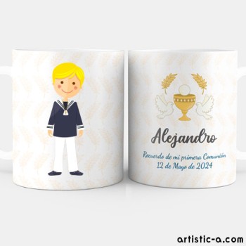Taza Personalizada Comunión Niño Marinero Rubio Taza Personalizada Comunión Niño Marinero Rubio