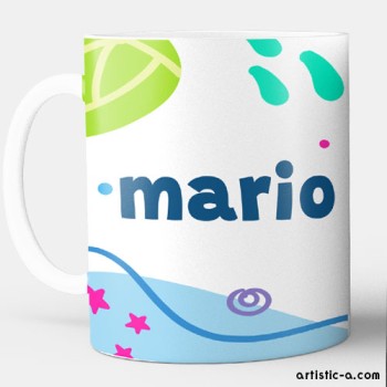 Taza con tu nombre azul y dise&ntilde;o colorido