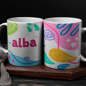 Taza con tu nombre morado y diseño colorido Taza con tu nombre morado y diseño colorido