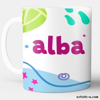 Taza con tu nombre morado y dise&ntilde;o colorido