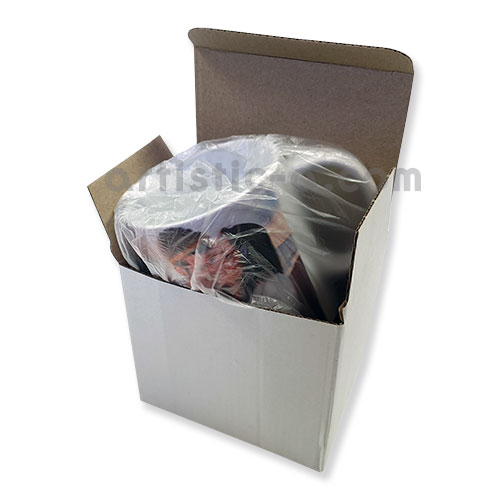 Packaging: Taza blanca entregada en su cajita individual de cartón